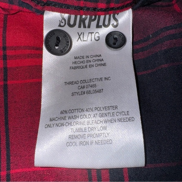 Surplus Men’s Long Sleeve Collared Shirt XL Red & Black Plaid 60% cotton - Picture 7 of 8